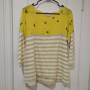 Anthropologie Postmark Striped Yellow/Gray Bird Print Shirt | M